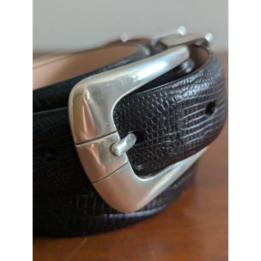 Italian Calfskin Leather Belt Black Men Sz 44 Croc Embossed Silver Southwest NEW